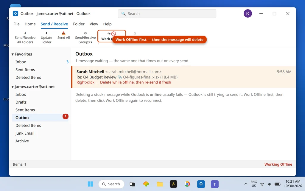 Outlook Outbox with a stuck email carrying a very large attachment and Work Offline turned on so it can be deleted