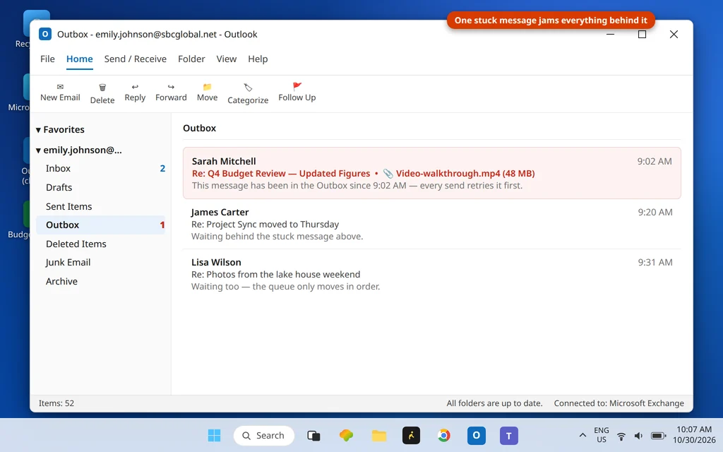 Outlook Outbox with one message stuck unsent and the Send Receive Progress window