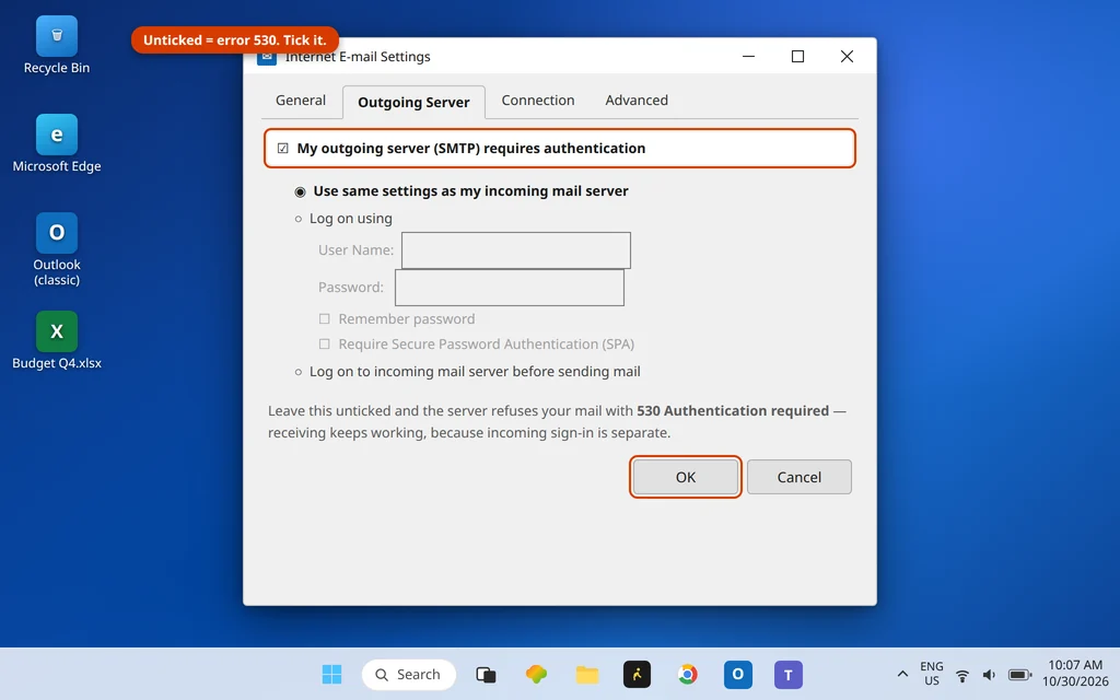 More Settings Outgoing Server tab with My outgoing server SMTP requires authentication ticked