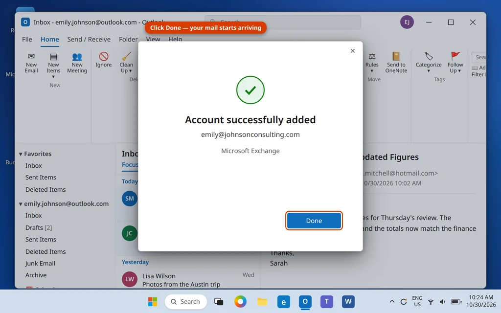 Account successfully added confirmation in Outlook after business email setup