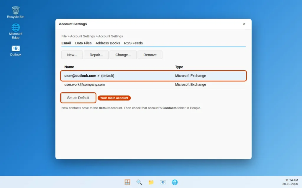 Account Settings window in Classic Outlook showing email accounts and Set as Default