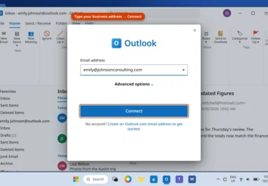 Outlook Add Account dialog with a business email address entered and Connect ready