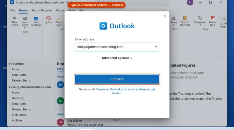 Outlook Add Account dialog with a business email address entered and Connect ready