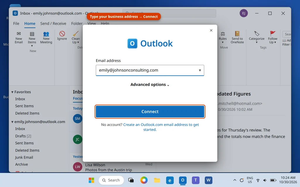 Outlook Add Account dialog with a business email address entered and Connect ready