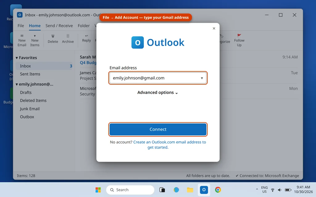 Outlook Add Account window with a Gmail address entered and Connect highlighted