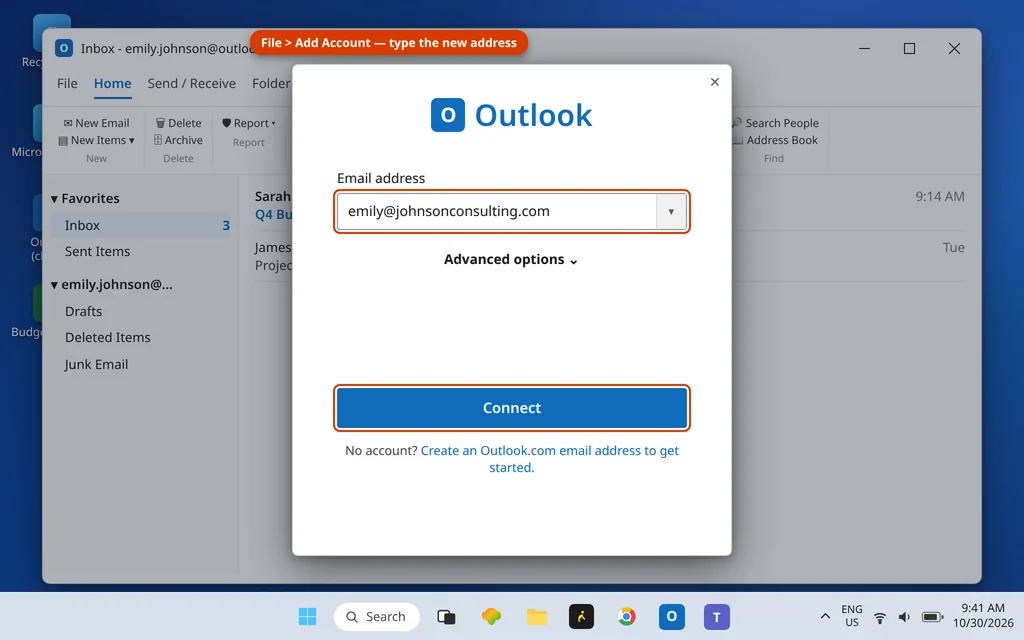 Adding a GoDaddy Microsoft 365 email address in Outlook with File - Add Account