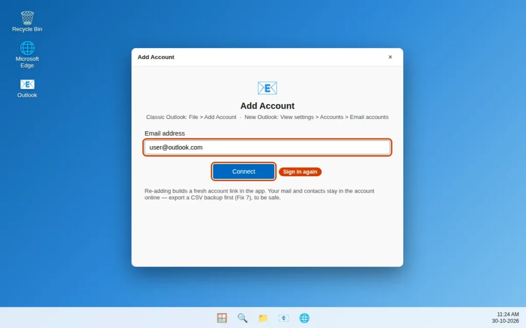 Add Account screen in Outlook for adding an email account again so contacts can sync