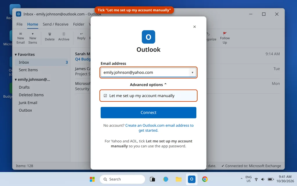 Outlook Add Account window with a Yahoo address entered and Let me set up my account manually ticked