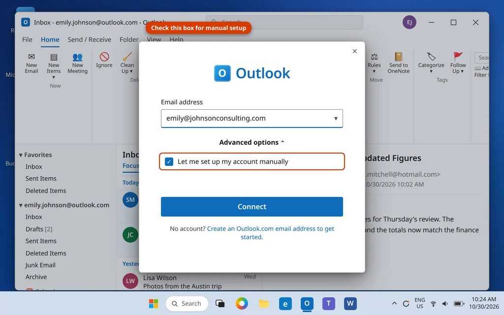 Add Account dialog with Advanced options expanded and Let me set up my account manually checked