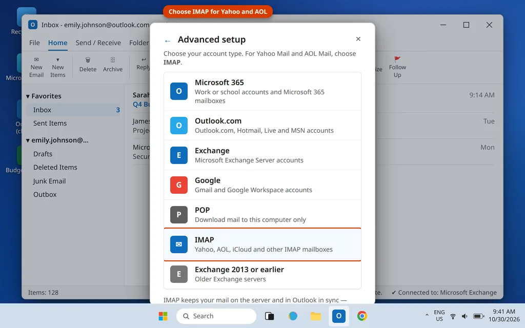 Outlook Advanced setup account type list with IMAP highlighted for Yahoo and AOL accounts