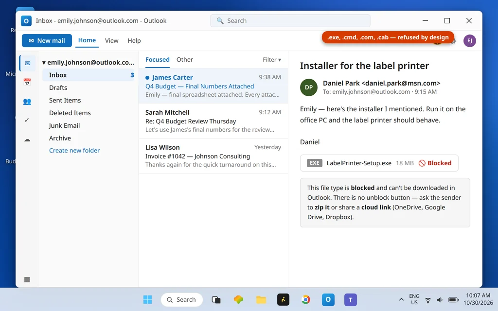 New Outlook message with an attachment blocked because of its file type