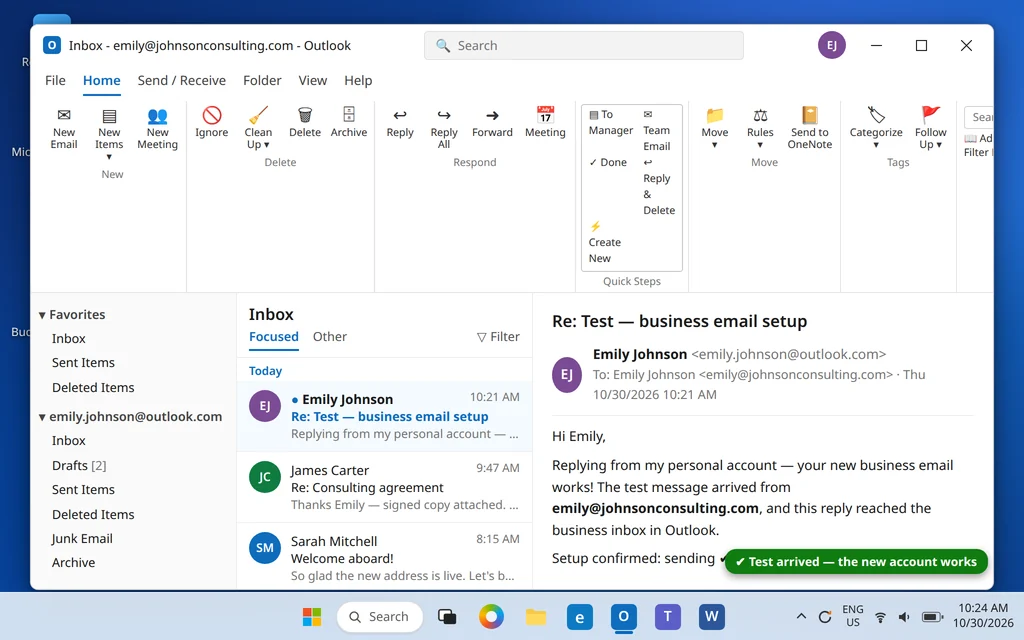 Outlook inbox for the new business account showing the test email arriving