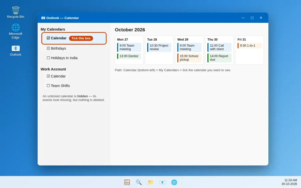 Calendar checkboxes under My Calendars in Classic Outlook with the main calendar ticked