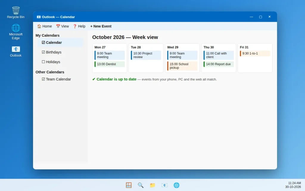 Outlook Calendar view in Windows showing a week of appointments