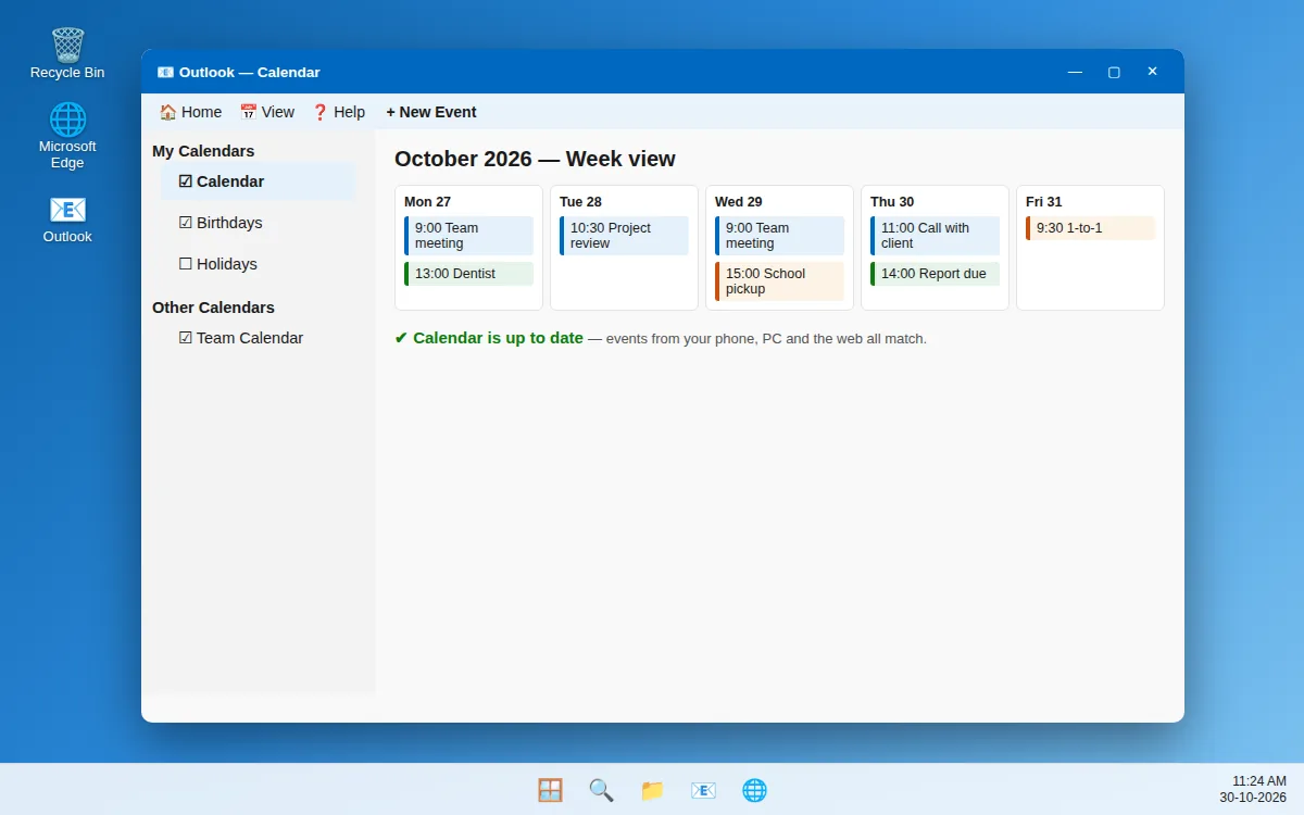 Outlook Calendar view in Windows showing a week of appointments