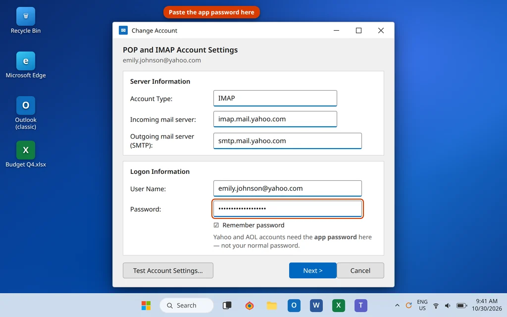 Outlook Change Account window for an IMAP account with the app password entered in the password field