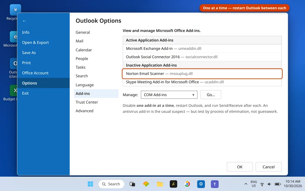 Outlook COM Add-ins dialog with an antivirus add-in listed, which can slow incoming mail and cause 0x8004210A
