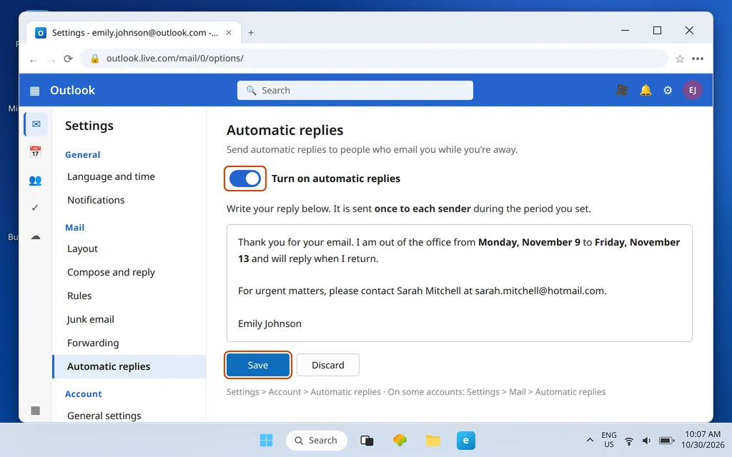 Outlook.com Settings Account Automatic replies page with Turn on automatic replies switched on, the reply message written, and the Save button highlighted