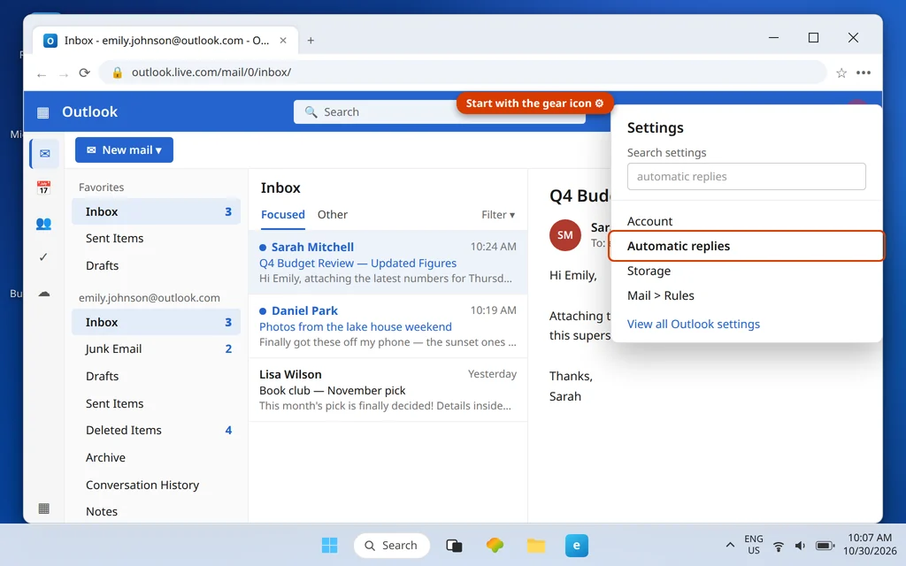 Outlook.com Settings flyout opened from the gear icon showing Account and Automatic replies