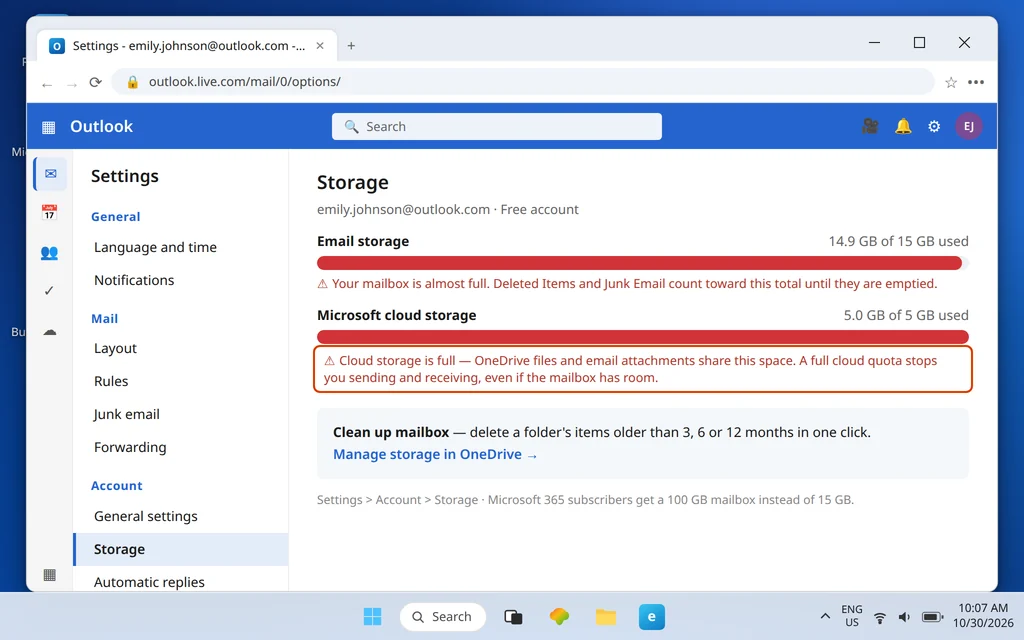 Outlook.com Settings Account Storage page showing both bars — email storage 14.9 GB of 15 GB used and Microsoft cloud storage 5 GB of 5 GB used