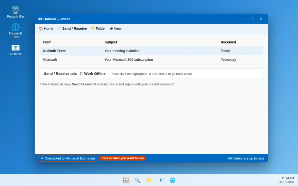 Outlook status bar at the bottom of the window showing Connected to Microsoft Exchange