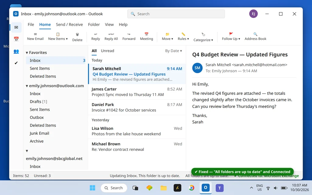 Outlook status bar showing All folders are up to date and Connected to Microsoft Exchange
