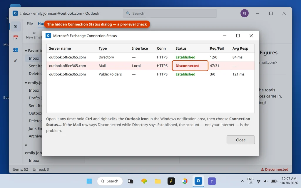 Microsoft Exchange Connection Status dialog showing the Mail connection as Disconnected