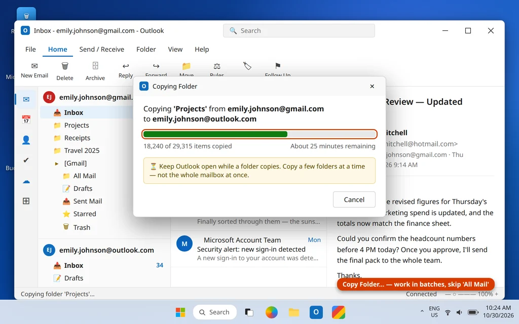 Outlook copying a folder from the Gmail account to the Microsoft account with a progress bar