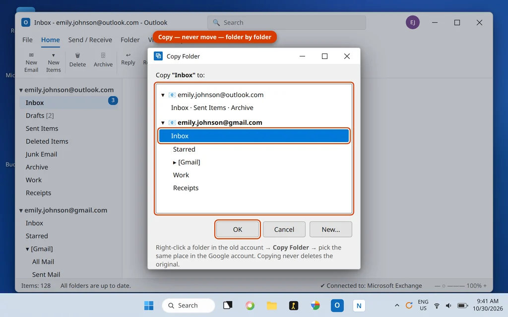 Copy Folder dialog in Outlook copying a folder into the Gmail account