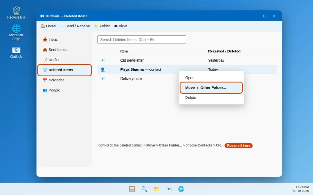 Deleted Items folder in Outlook with a deleted contact ready to move back to Contacts