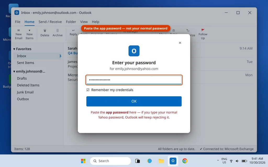 Outlook Enter your password box for the Yahoo account where the app password is pasted