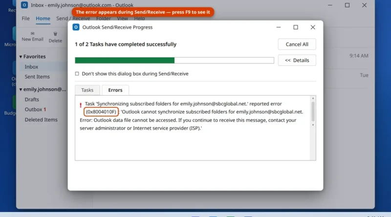 Outlook Send/Receive Progress dialog showing error 0x8004010F Outlook data file cannot be accessed