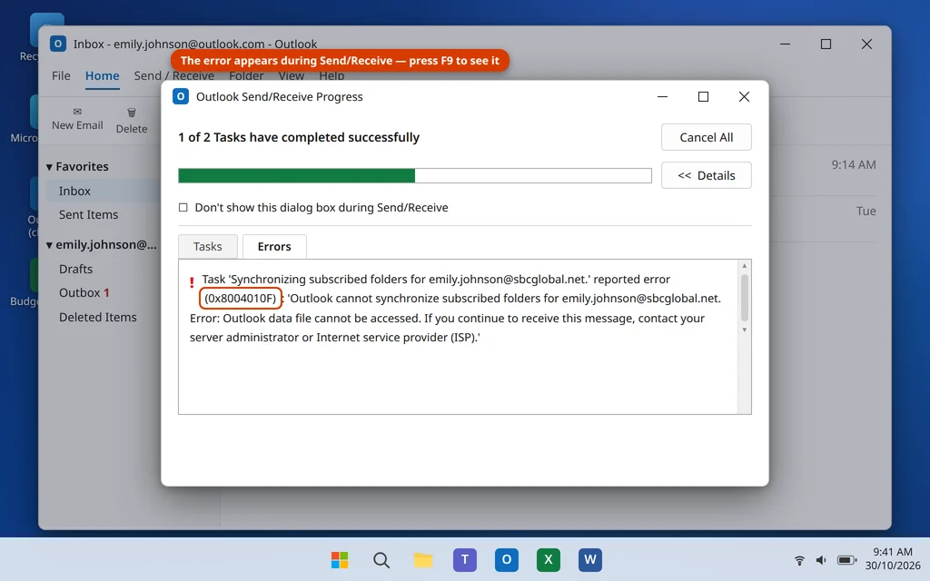 Outlook Send/Receive Progress dialog showing error 0x8004010F Outlook data file cannot be accessed