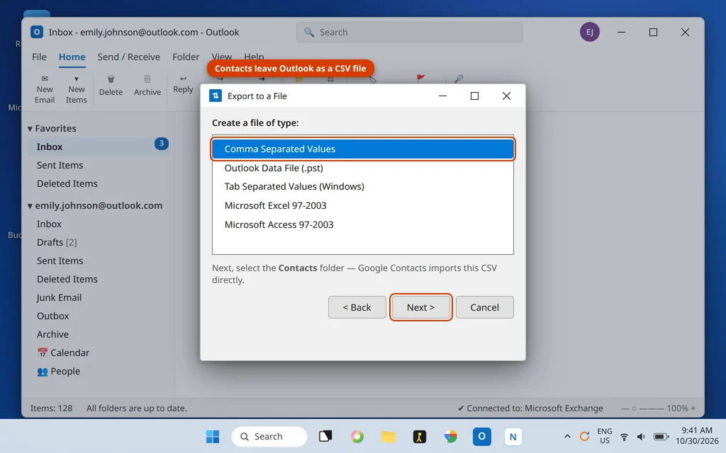 Export to a File wizard in Outlook exporting the Contacts folder as a CSV file