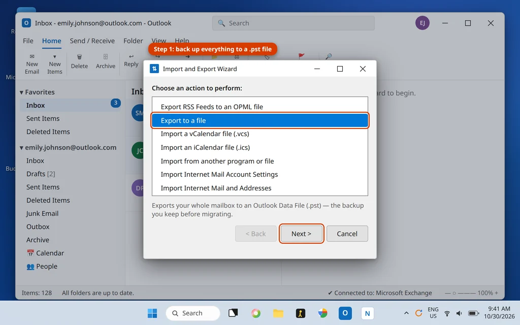 Import and Export Wizard in Outlook exporting the mailbox to a PST backup file