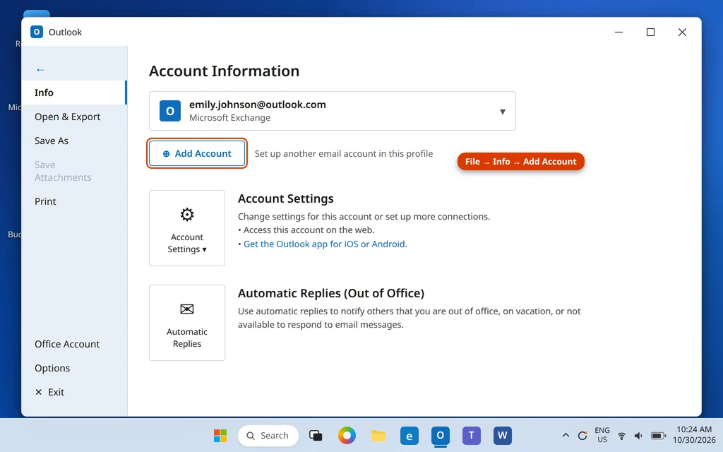 File Info page in Outlook with the Add Account button highlighted