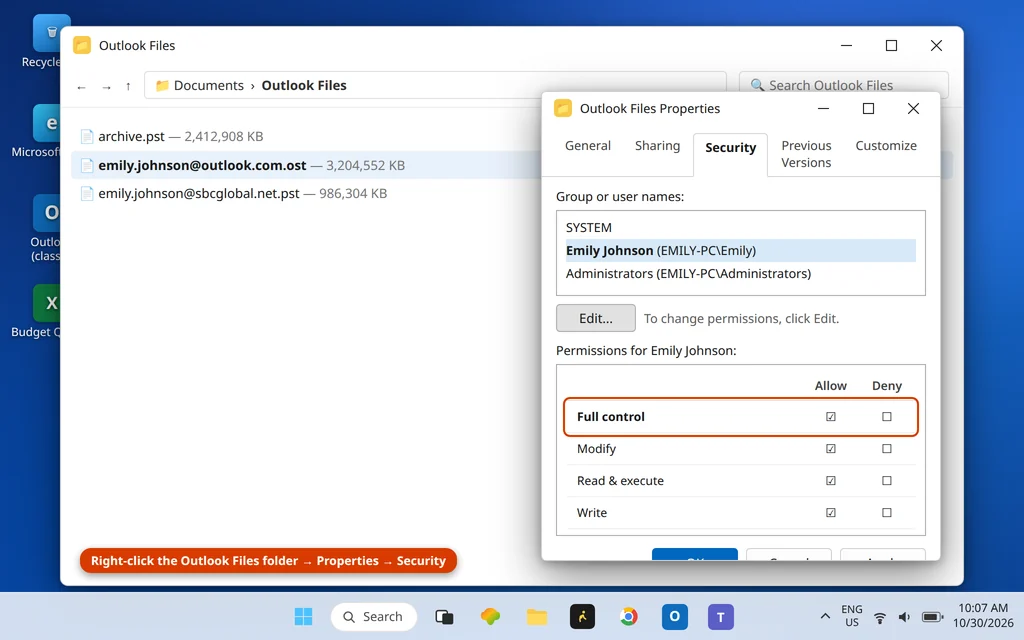 File Explorer Outlook Files folder Properties Security tab with Full Control allowed for the user account