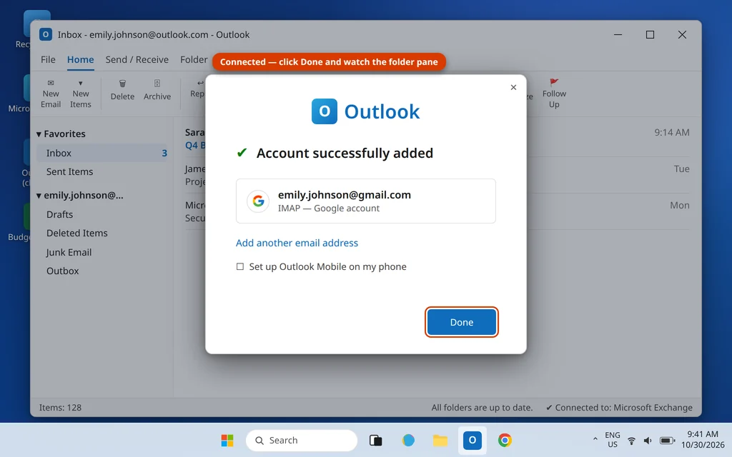 Outlook account successfully added confirmation after adding a Gmail account