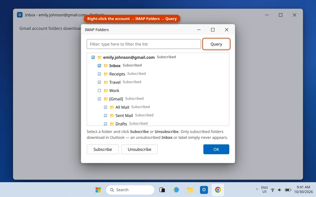 Outlook IMAP Folders dialog with Query and the Inbox folder subscribed for a Gmail account