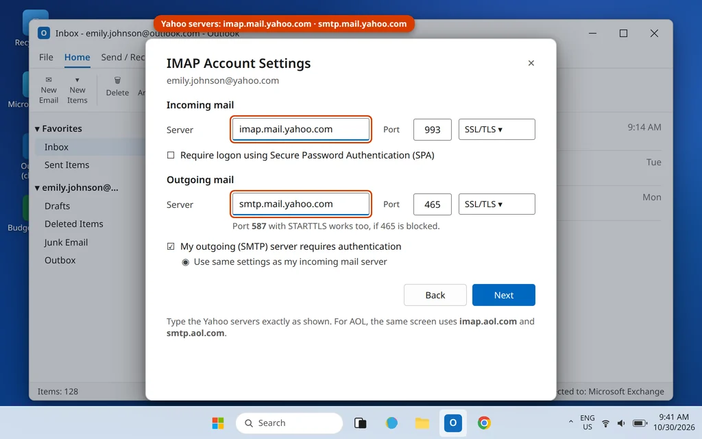 IMAP Account Settings in Outlook filled in with the Yahoo incoming and outgoing server names and ports
