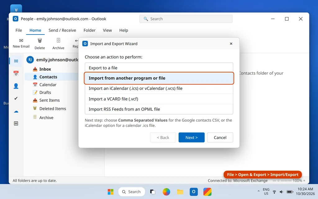 Outlook Import and Export Wizard with Import from another program or file selected for importing contacts