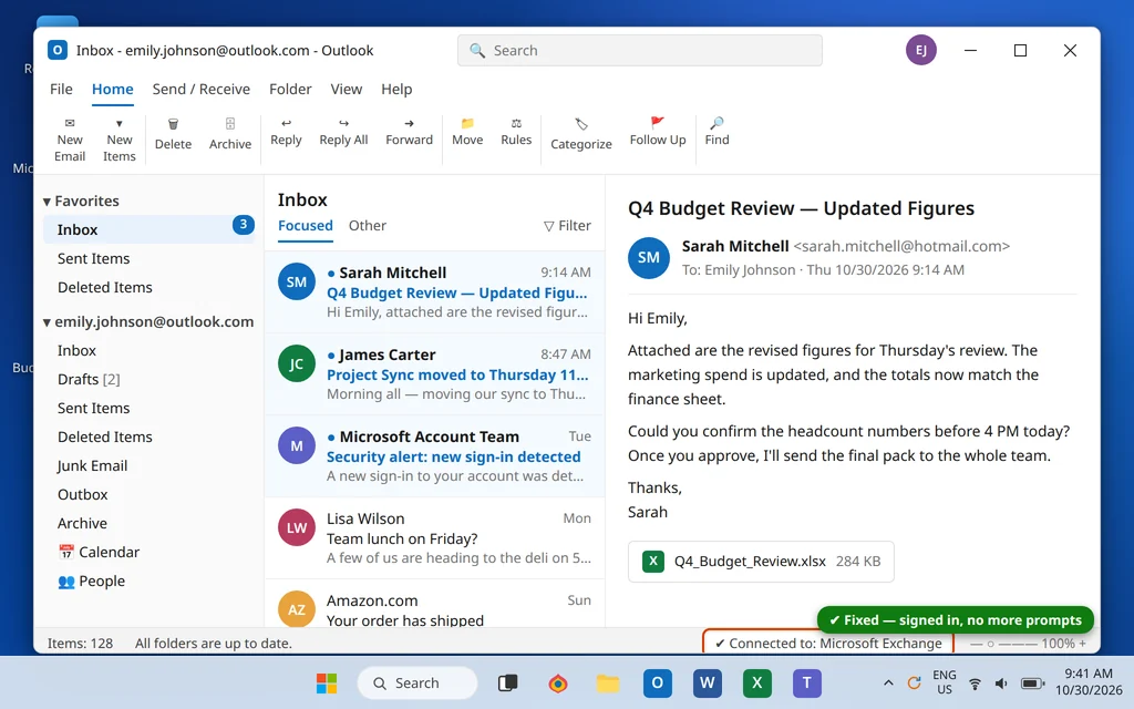 Outlook inbox open and connected with no password prompt after the fix