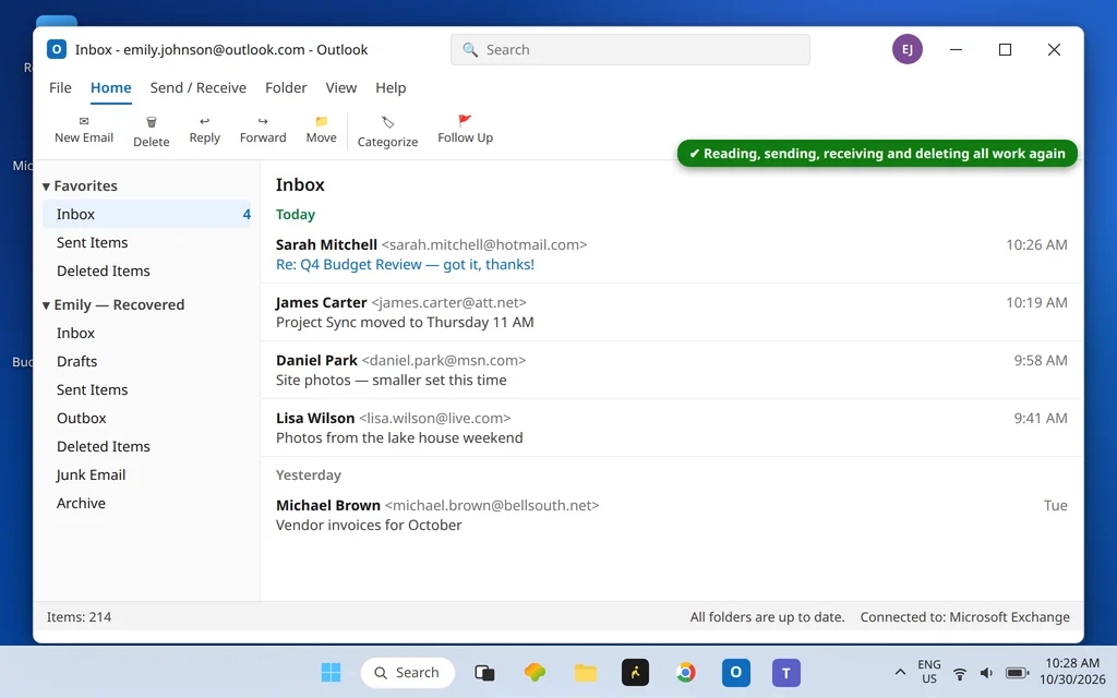 Outlook Inbox working normally with mail arriving after the data file problem is fixed