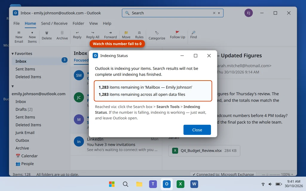Indexing Status dialog in Outlook showing items remaining to be indexed