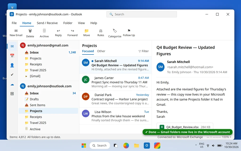 Outlook showing the migrated folders under the Microsoft account after moving email from Gmail to Microsoft 365