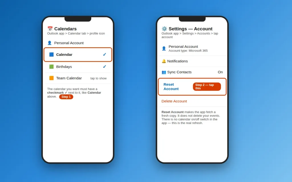 Outlook mobile app showing a calendar ticked in the Calendars list and Reset Account in account settings on a phone