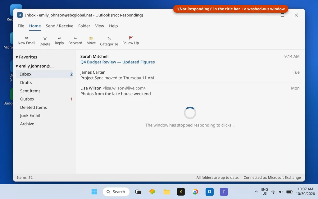 Classic Outlook frozen with Not Responding in the title bar and the window washed out