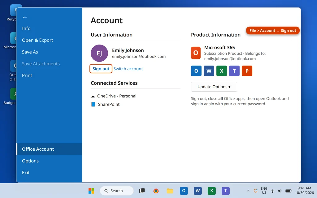 Outlook File Account page showing the Sign out option under the signed in user account