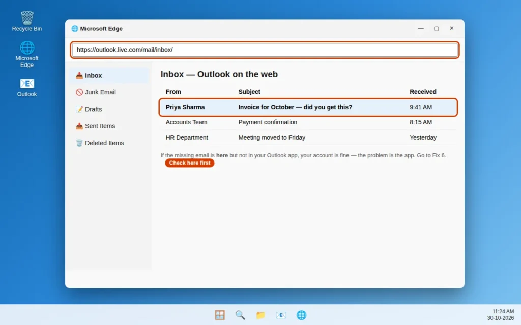 Outlook on the web inbox open in a browser to test whether emails are arriving at the account