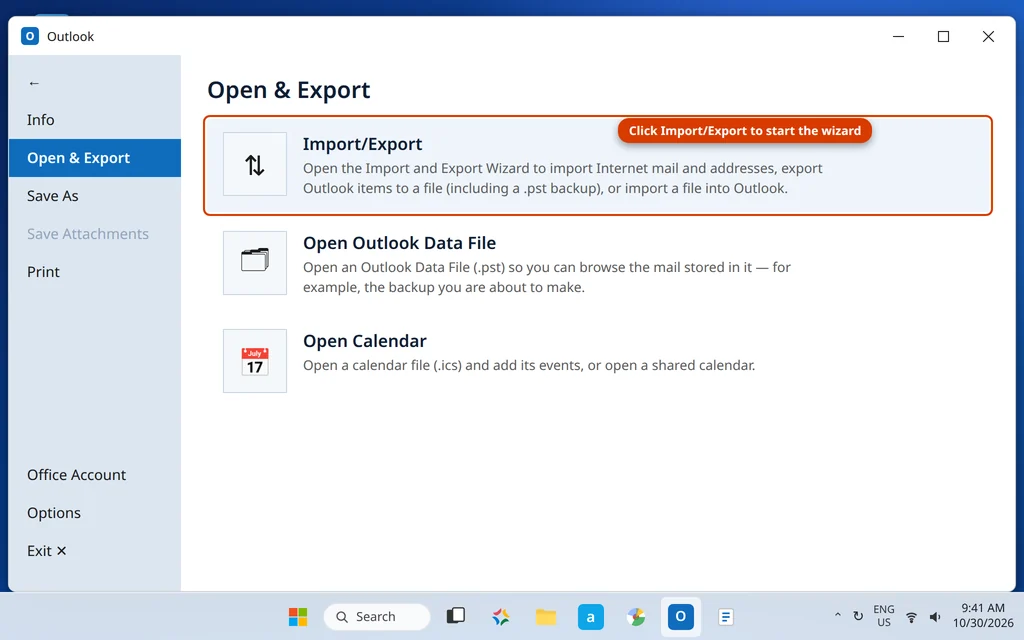 File Open and Export page in Classic Outlook with the Import/Export button highlighted